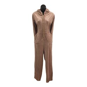 Calvin‎ klein tan velour pleather monogram sleeves hooded jumpsuit size medium